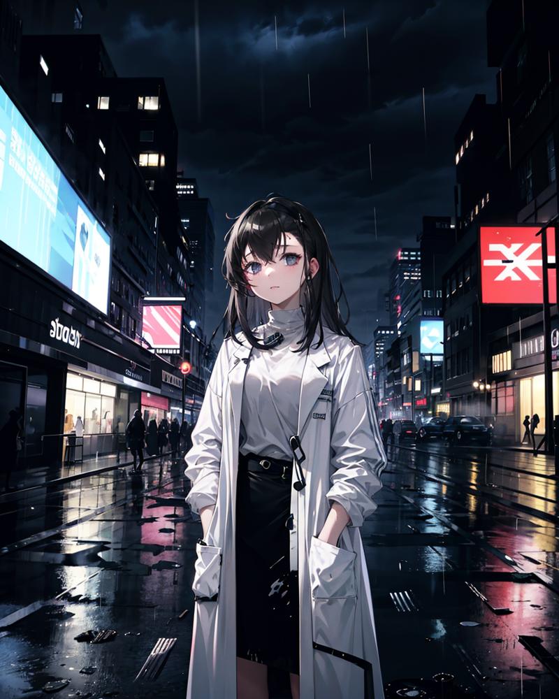 52136-2401951811-1girl,solo, standing,cowboy shot, prts, ,black hair,white shirt,white coat,outdoors,rain,cityscape, ruins,ruined_city,hand in po.png